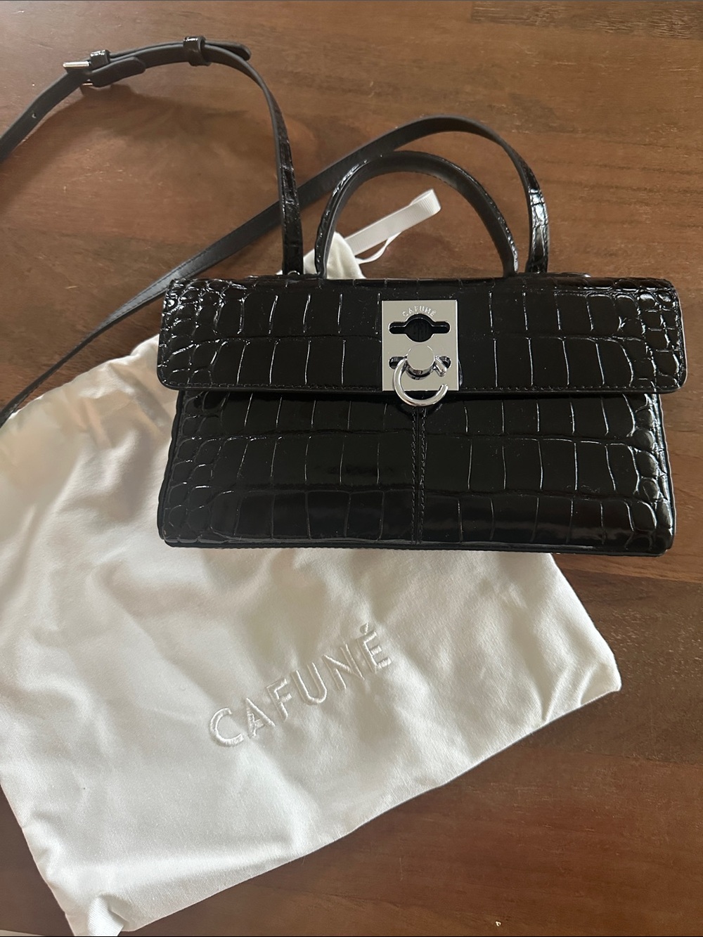 Cafune Stance Wallet- Black Croc-Embossed Leather Top-Handle